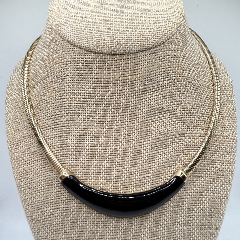 Vintage Gold Tone Black Enamel Bib Omega Choker Necklace 15"